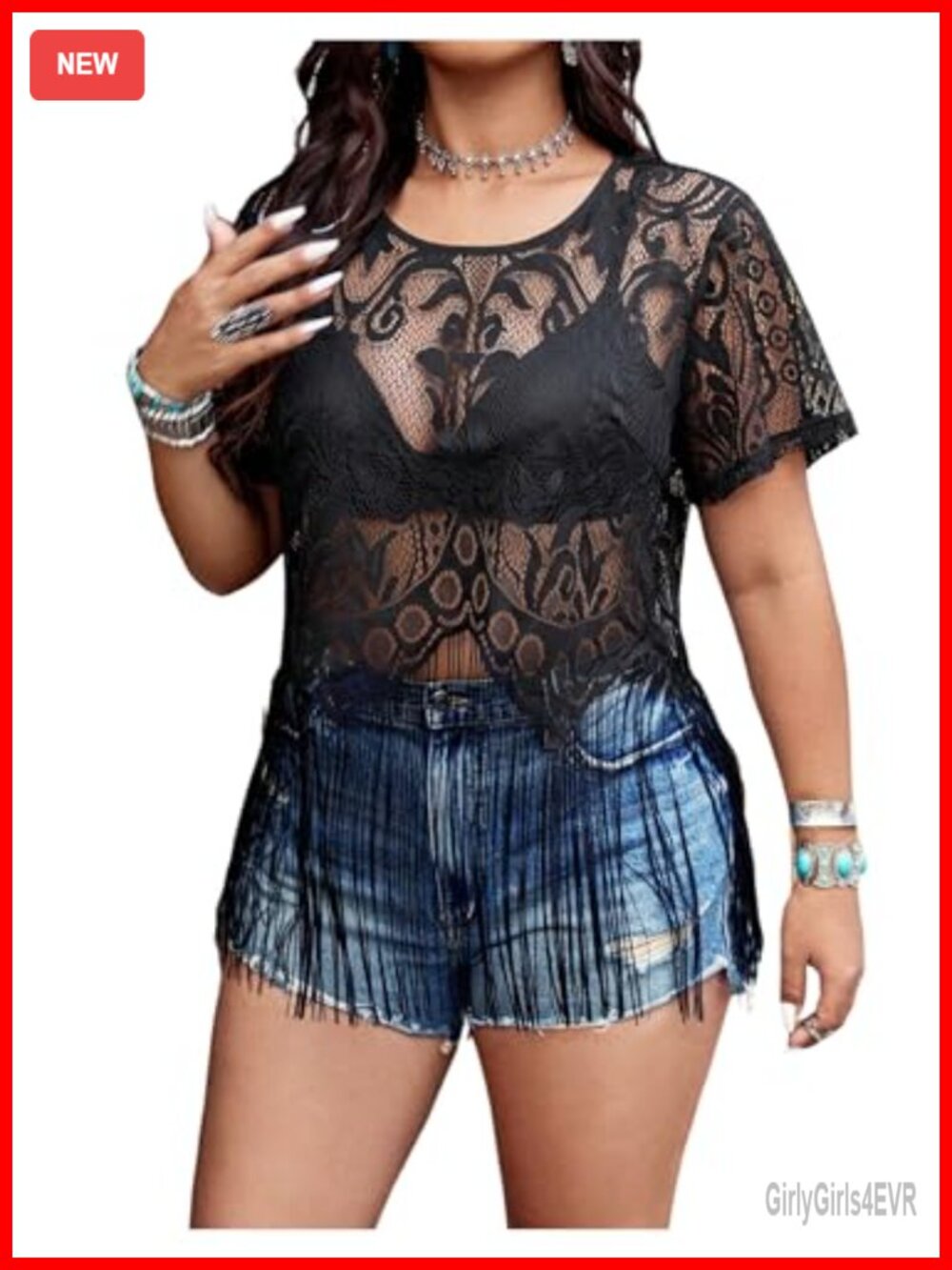 Women's Plus Size Sheer Lace Fringe Hollow Out Short Sleeve Tee